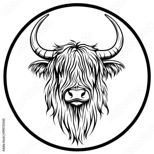 Circular black and white Highland cow head drawing photo