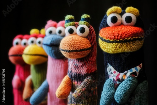 Colorful knitted sock puppets posing on black background photo