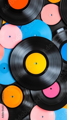 Vinyl records featuring colorful centers create a vibrant and nostalgic backdrop, celebrating the timeless charm of analog music and its rich cultural history photo