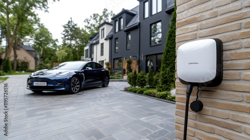 A modern electric car is charging outside a stylish residence, featuring a wall-mounted station and a manicured lawn during daylight