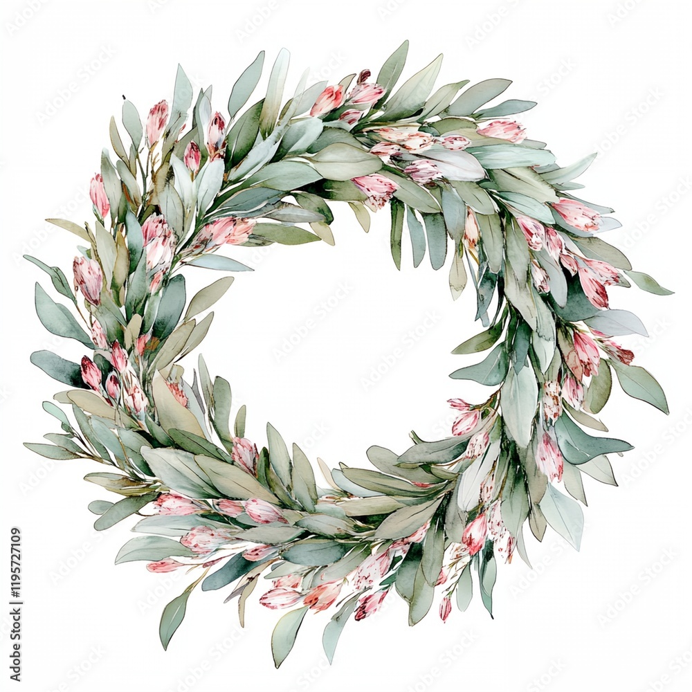 Obraz premium Wreath made of green leaves and pink flowers