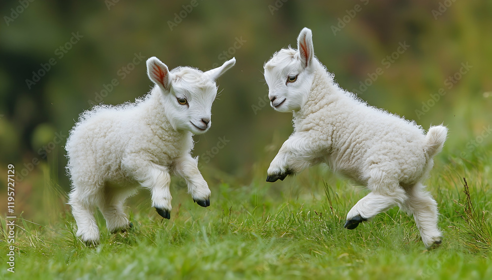 Two white goats playing in the grass. Two little babies, cute friends. Two white goats playing in the grass. Two little babies, cute friends.