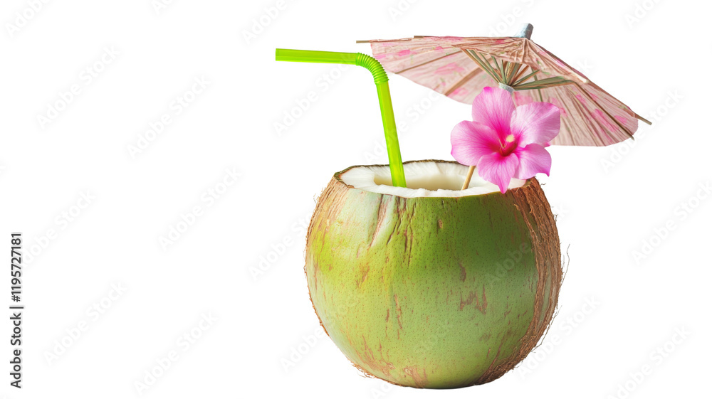 Fototapeta premium Green coconut with pink flower and straw, isolated on transparent background