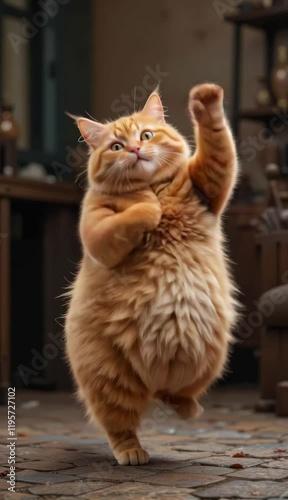 cat dancing energetically against a dark minimalistic background, surrounded by subtle digital effects. Soft lighting enhances the fur texture, creating a futuristic, high-energy vibe. Generative AI