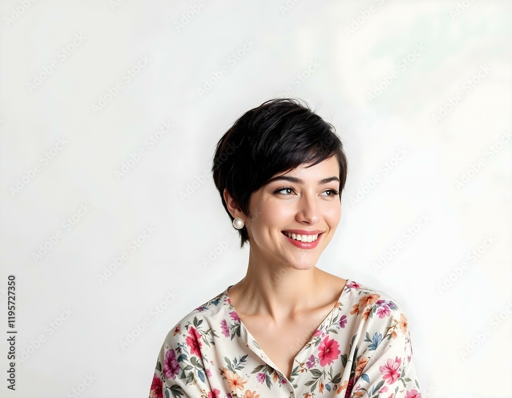 Portrait, woman, short dark hair, bright smile, floral blouse, white background, friendly expression, natural lighting, studio shot Portrait, woman, short dark hair, bright smile, floral blouse, white background, friendly expression, natural lighting, studio shot