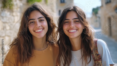 Fototapeta Naklejka Na Ścianę i Meble -  two women bestfriend smiling together at beautiful beautiful Greece old town street 