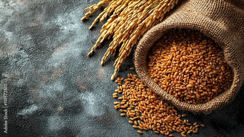 Brown Rice Grains in Burlap Sack with Rice Stalks photo