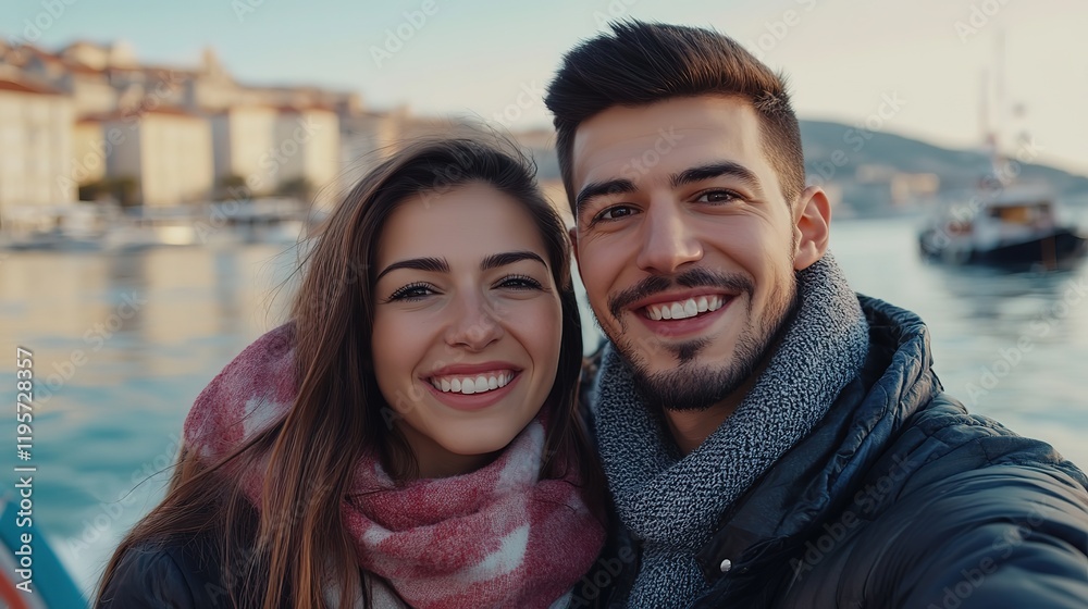 love couple man and woman smiling hugging each other at river shore with cityscape background love couple man and woman smiling hugging each other at river shore with cityscape background