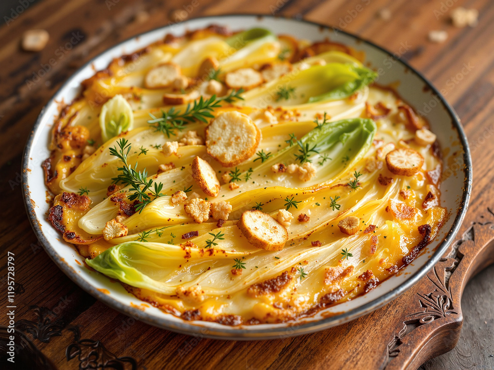 Golden-Baked Endive Gratin with Crispy Croutons in Rustic Ceramic Dish for French Country Cooking Golden-Baked Endive Gratin with Crispy Croutons in Rustic Ceramic Dish for French Country Cooking