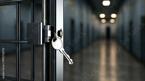 A locked prison cell door stands prominently in focus, representing security alongside a blurred corridor in a police station