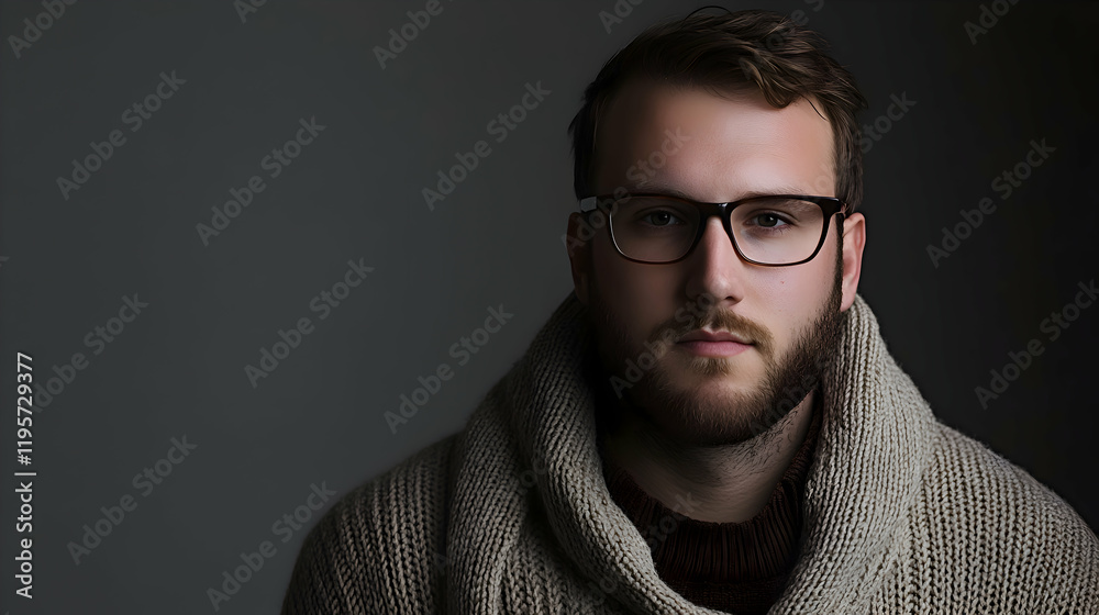 Fototapeta premium Male librarian in a cozy sweater, plain grey background, professional and composed, clear facial features