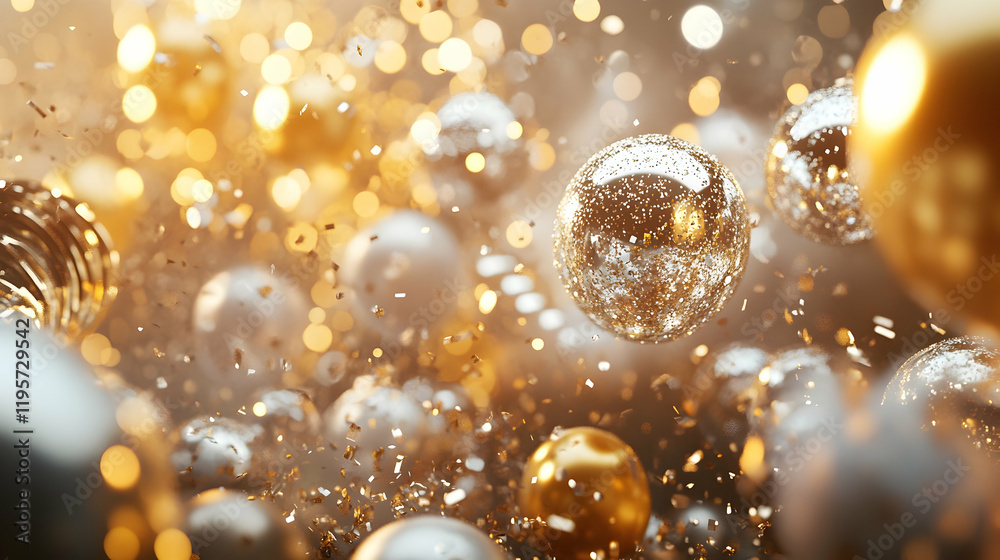 Vibrant gold and silver balloons, glittering confetti, and sparkling streamers adorning a festive table for a joyful New Year's Eve celebration Vibrant gold and silver balloons, glittering confetti, and sparkling streamers adorning a festive table for a joyful New Year's Eve celebration