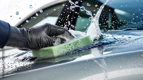 hand in glove washes car with sponge, foam, splashes