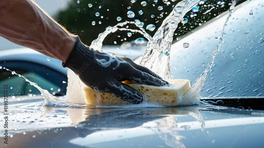 hand in glove washes car with sponge, foam, splashes