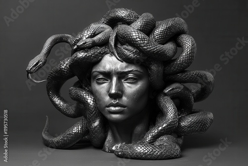 Medusa gorgon bust with snakes hair emerging from dark background photo