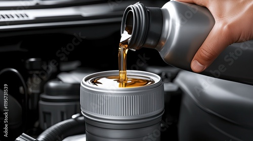 A man is pouring fresh motor oil into a car engine bay, performing essential vehicle maintenance in a dimly lit garage. photo