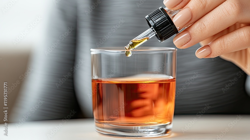 A woman pours ginger turmeric oil from a dropper into a glass mug, preparing a nutritious tea in a vibrant, green environment A woman pours ginger turmeric oil from a dropper into a glass mug, preparing a nutritious tea in a vibrant, green environment