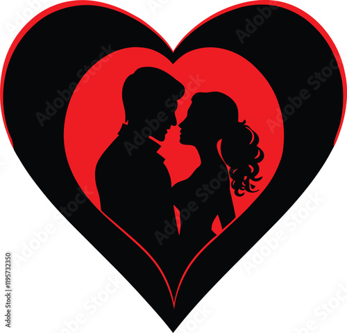 romantic couple silhouette in red valentine’s day vector design