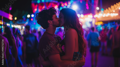 Wallpaper Mural Loving Couple Kissing in Lips in Outdoor Music Festival, Enjoying Their Relationship and Moment,  Torontodigital.ca