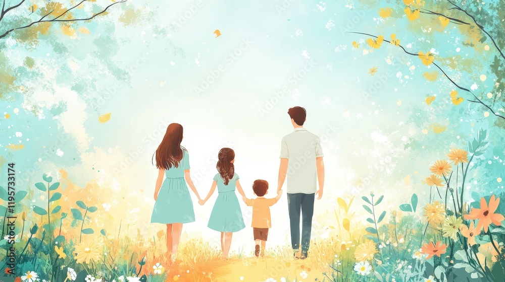 Family enjoying nature walk in sunlit floral meadow Family enjoying nature walk in sunlit floral meadow