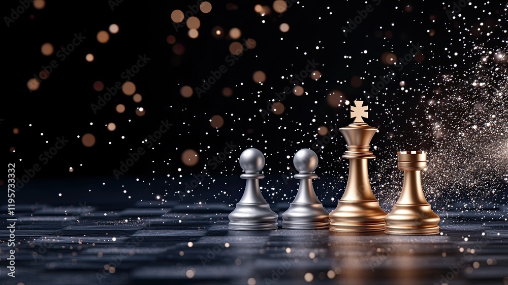 A golden queen stands among pawns on a silver chess board, highlighting strategic victory in a rich digital environment A golden queen stands among pawns on a silver chess board, highlighting strategic victory in a rich digital environment