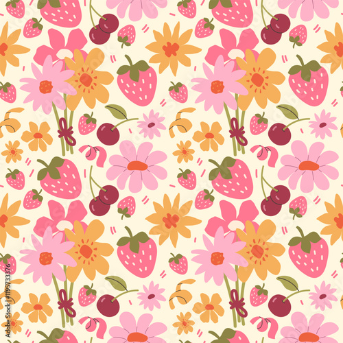 Wallpaper Mural Seamless pattern with wildflowers, strawberries, cherries Torontodigital.ca
