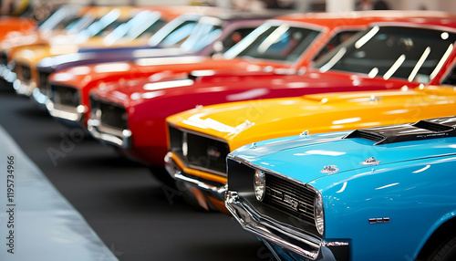 A vibrant display of American muscle cars lined up, showcasing their powerful legacy and design