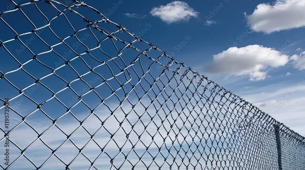 Barbed wire fence stretches against a backdrop of blue sky with clouds, symbolizing security and border control in a vivid landscape Barbed wire fence stretches against a backdrop of blue sky with clouds, symbolizing security and border control in a vivid landscape
