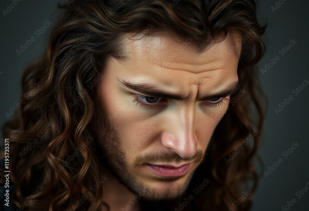 Man with long hair in a thoughtful pose Man with long hair in a thoughtful pose