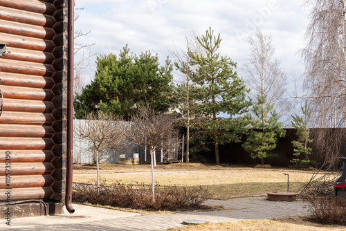 A serene backyard view with wooden houses, young trees, and coniferous greenery under a partially cloudy sky, capturing the peaceful atmosphere of countryside living in early spring