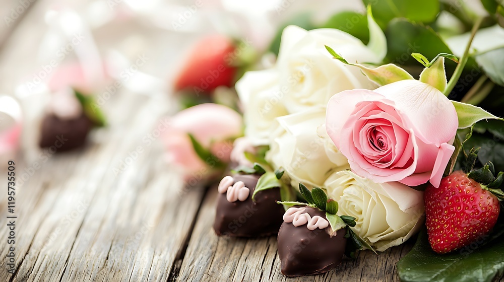 Chocolate Strawberries Roses Bouquet Wooden Table Valentine's Chocolate Strawberries Roses Bouquet Wooden Table Valentine's