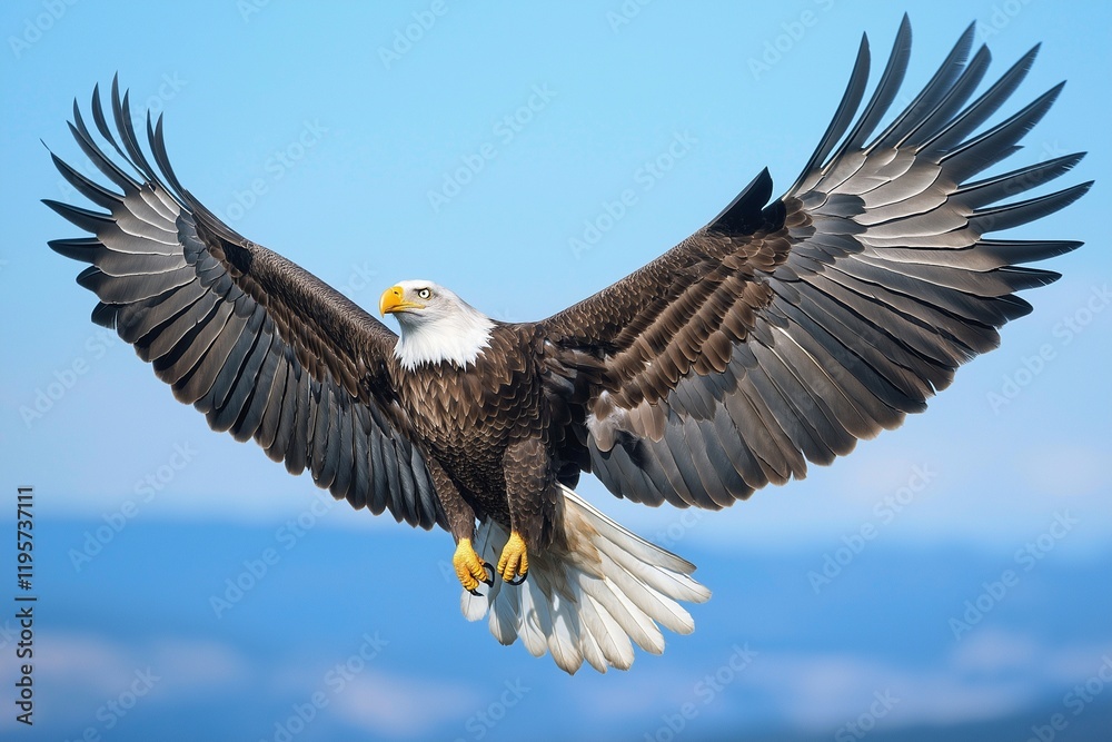 Majestic Eagle Soaring in Blue Sky: Powerful Wings and Sharp Eyes Majestic Eagle Soaring in Blue Sky: Powerful Wings and Sharp Eyes