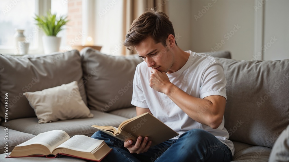 Guy reading a book on the couch with an open book on the table Guy reading a book on the couch with an open book on the table