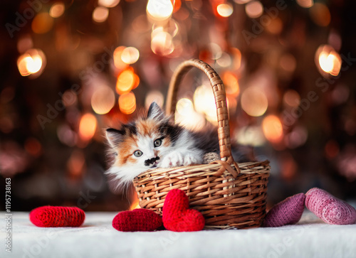 cute little kitten peeking out of basket next to knitted hearts on valentines...