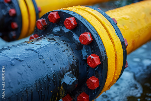 Wet industrial pipeline with yellow and black bolted flanges