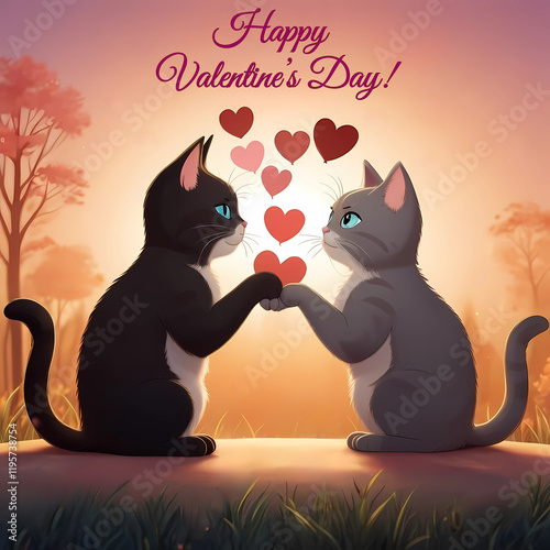 Cute cats celebrate Valentine's Day with hearts in a romantic sunset setting outdoors