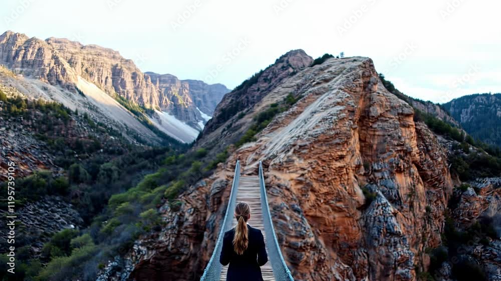 A woman dressed in a dark outfit walks confidently across a long suspension bridge. The rugged canyon surrounds her, illuminated by the warm light of sunset, creating a stunning backdrop. A woman dressed in a dark outfit walks confidently across a long suspension bridge. The rugged canyon surrounds her, illuminated by the warm light of sunset, creating a stunning backdrop.