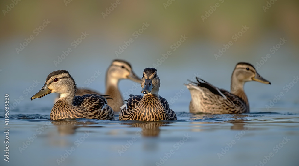Group of Swimming Ducks in Lake or Pond, Natural Habitat Group of Swimming Ducks in Lake or Pond, Natural Habitat