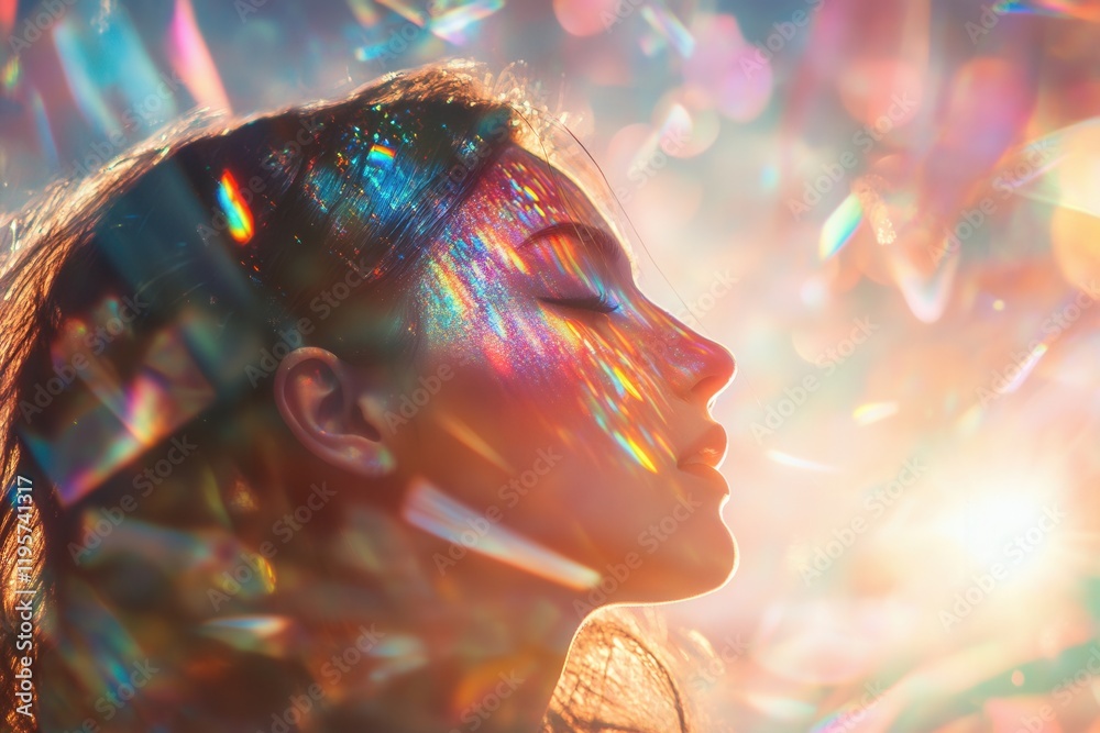 Woman illuminated by holographic rainbow light flares, exploring the metaverse Woman illuminated by holographic rainbow light flares, exploring the metaverse
