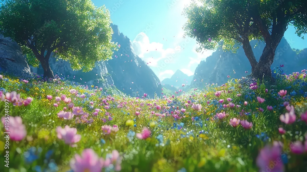 Obraz premium Serene Mountain Meadow with Blooming Flowers and Trees
