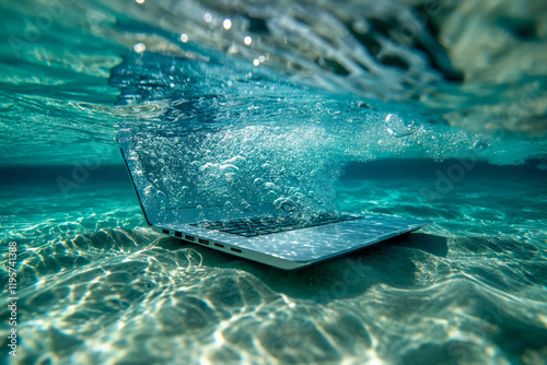 Laptop submerged underwater in clear blue ocean with bubbles surrounding photo