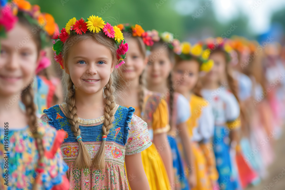 Fototapeta premium Young girls in colorful traditional dresses with flower crowns in outdoor celebration