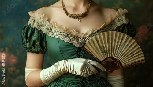 A young Regency woman wearing a green shot silk dress and satin gloves and holding a fan