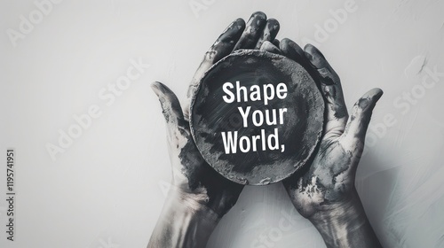 Two hands with artistic black stains hold a round plate displaying the words 'Shape Your World,' conveying creativity and expression.