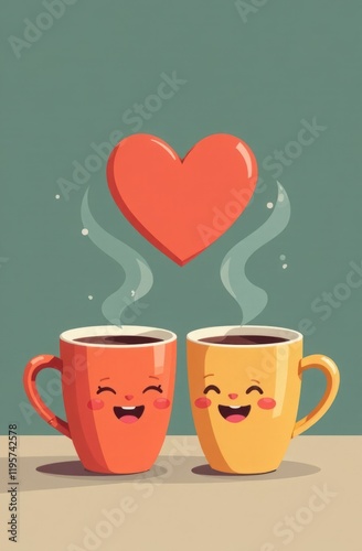 Two cartoon-style coffee mugs with smiling faces