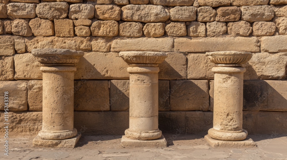 Fototapeta premium Three ancient stone columns against a weathered stone wall.
