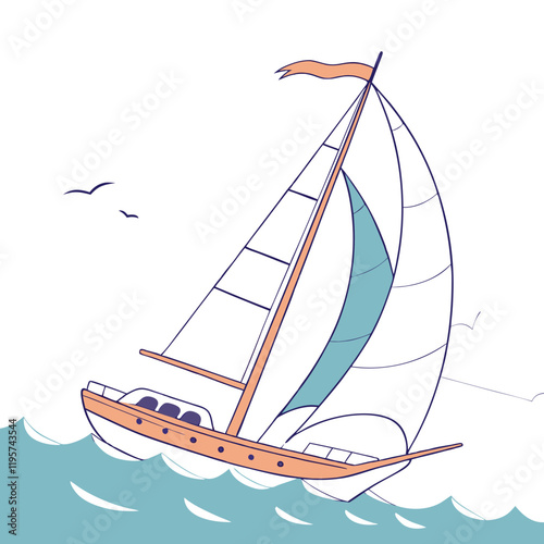 Whimsical vector illustration of a sailing boat on waves with a colorful sail