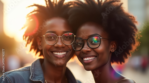 Smiling afro hispanics lesbian women at sunset urban streetlights photo