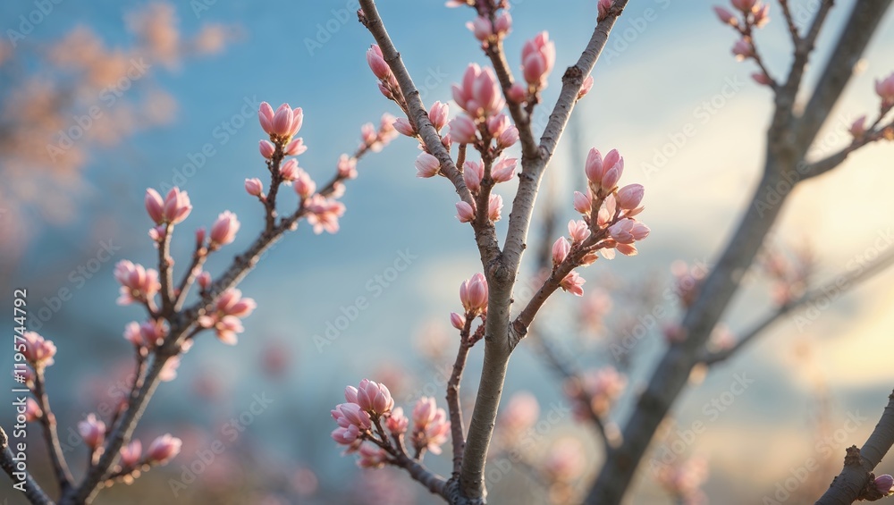 Abundant pink cherry blossom buds ready to open on tree branches against blue sky Abundant pink cherry blossom buds ready to open on tree branches against blue sky