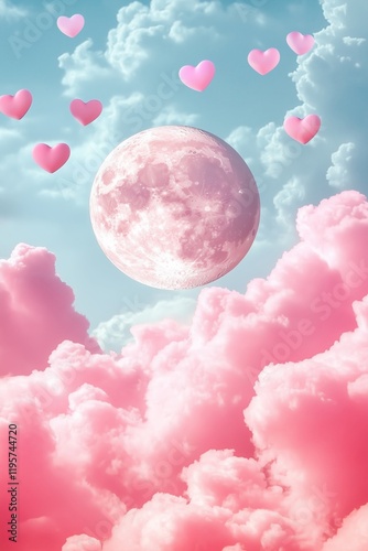 White clouds, pink hearts in the sky, blue background, white moon, pink and red